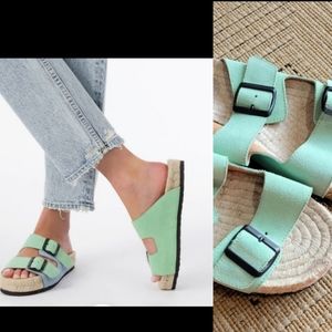 Manebi mint green leather buckle espadrille slides sandals 9